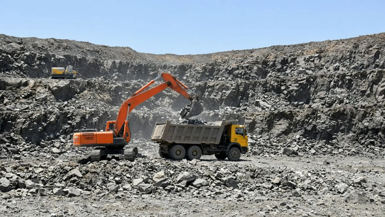 Excavator loading broken rock into a dump truck during overburden removal