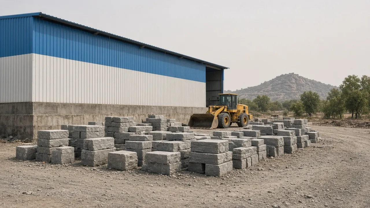 Rows of dressed stone blocks stacked in the factory yard beside the processing shed